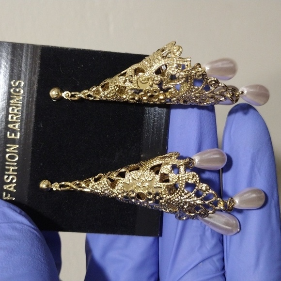 Women's Gold-tone Filigree Cone Shape Design Beaded Drop Dangle Earrings, #2 - Picture 3 of 5